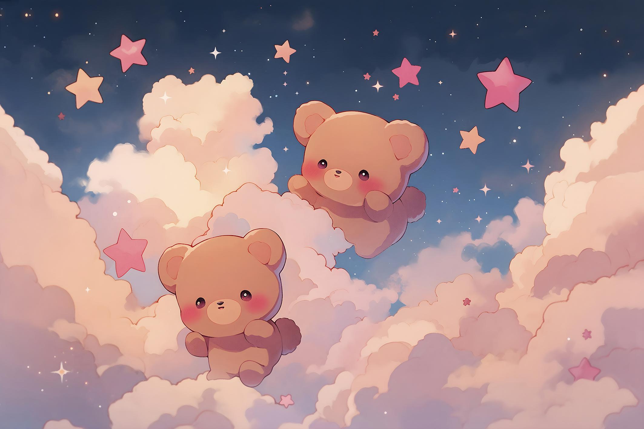 Фотообои флизелиновые Upstream Милые мишки среди звёзд на облачках 190х285 см (S5KID-069/4)