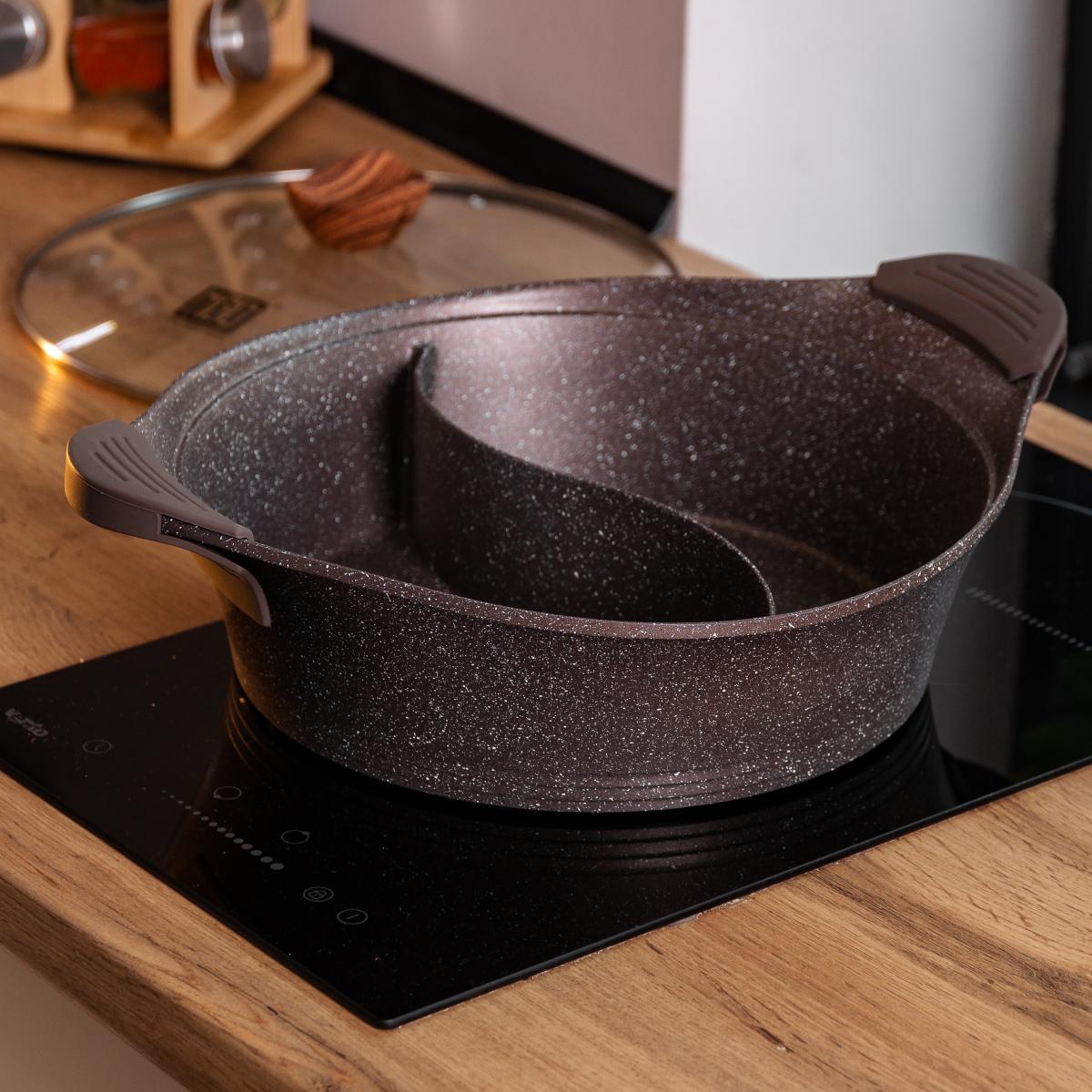 Кастрюля с разделителем MGC для шабу-шабу алюминиевая с антипригарным покрытием стеклянная крышка 4 л Коричневый - фото 2 Кастрюля с разделителем MGC для шабу-шабу алюминиевая с антипригарным покрытием стеклянная крышка 4 л Коричневый - фото 2