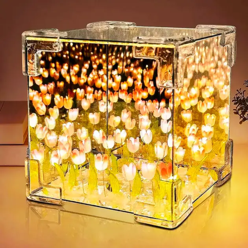 Ночник-светильник Тюльпаны в кубе 3D с зеркалом Розовый (2527628585)