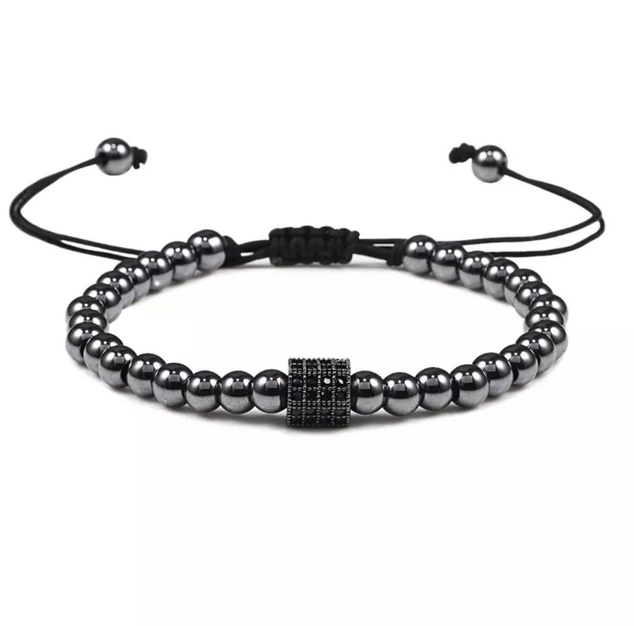 Браслет із гематиту з багатогранником на стяжці р. 22 Чорний (90093)