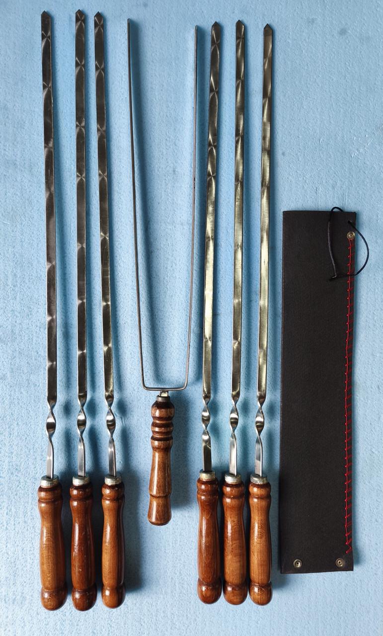 Набір шампурів в чохлі з деревянною ручкою з нержавійки 3 мм 73 см 7 шт.