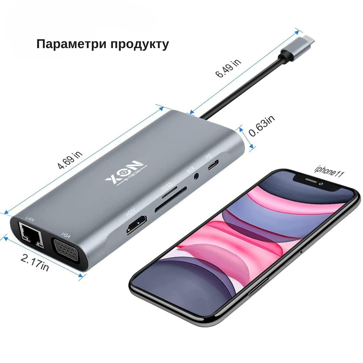 USB-хаб XON E-Tech SmartHub 11в1 Ethernet/VGA/HDMI/3.5 Audio/SD/TF/Type-C/2xUSB3.0/2xUSB 2.0 Серый (UHCHP113322G 4432) - фото 7 USB-хаб XON E-Tech SmartHub 11в1 Ethernet/VGA/HDMI/3.5 Audio/SD/TF/Type-C/2xUSB3.0/2xUSB 2.0 Серый (UHCHP113322G 4432) - фото 7