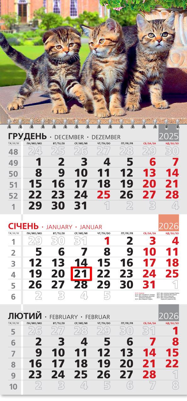 Календар на 2026 р. Офісний 3 Котяча тріада Календар на 2026 р. Офісний 3 Котяча тріада