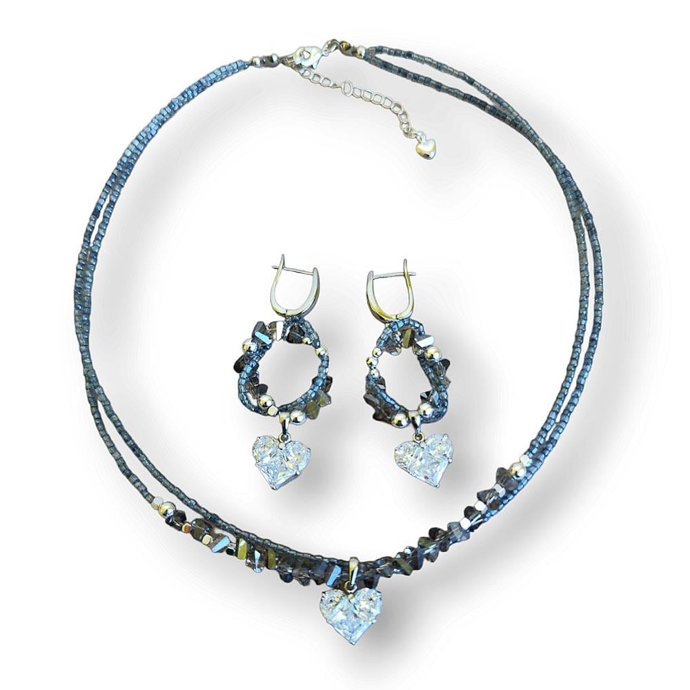 Набір чокер та сережки з підвіскою серце Срібно-блакитний (CH37)