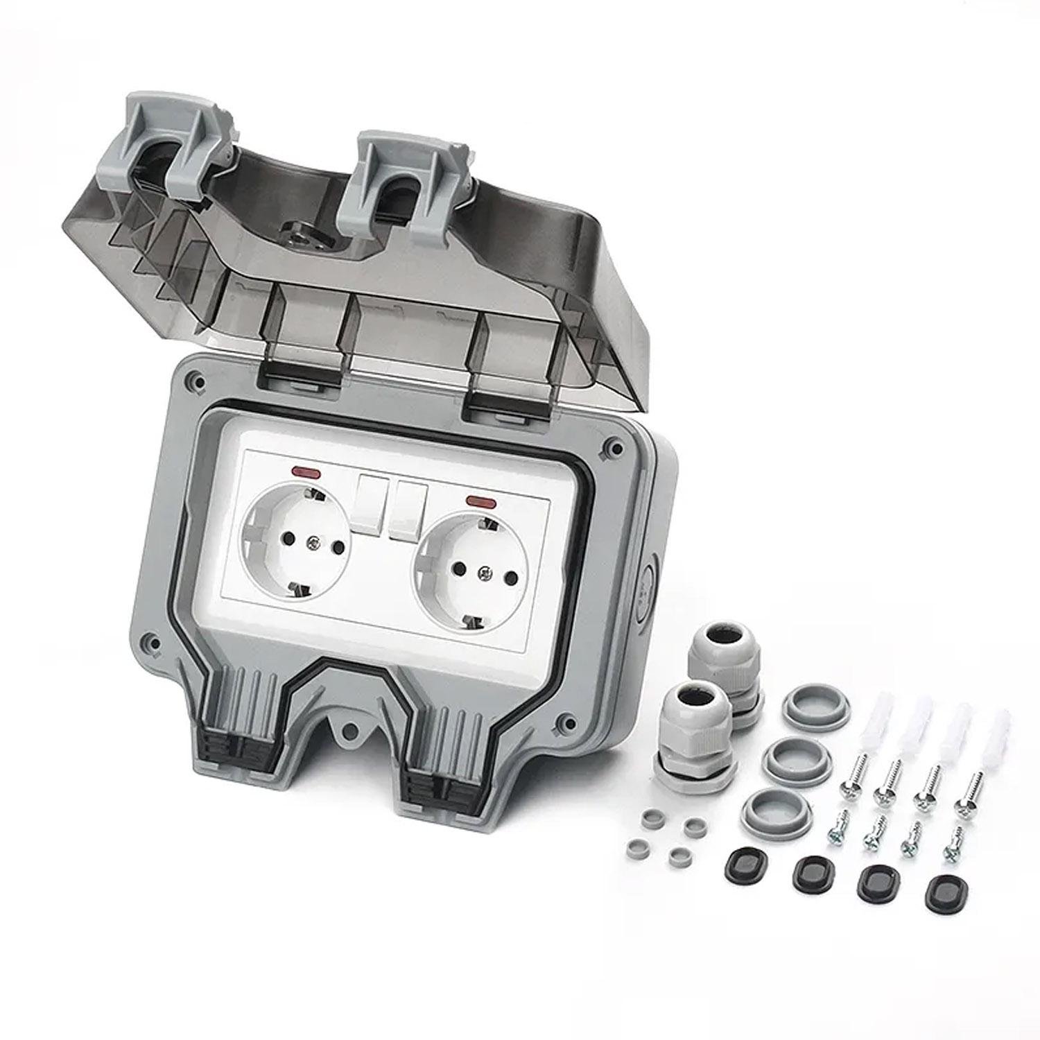 Розетка двойная Premium с выключателем внутри IP66 водонепроницаемая Серый