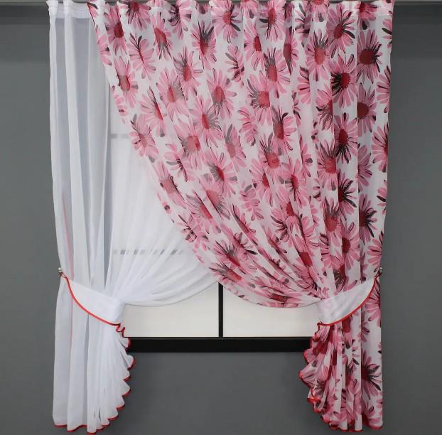 Комплект штор на кухню 320х170 см Белый/Розовый (101к)