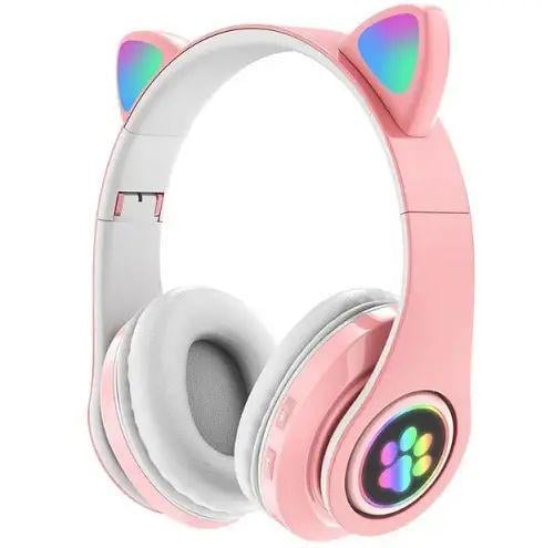 Наушники беспроводные с кошачьими ушками Bluetooth USB со встроенным микрофоном и подсветкой Розовый (opt-15175)