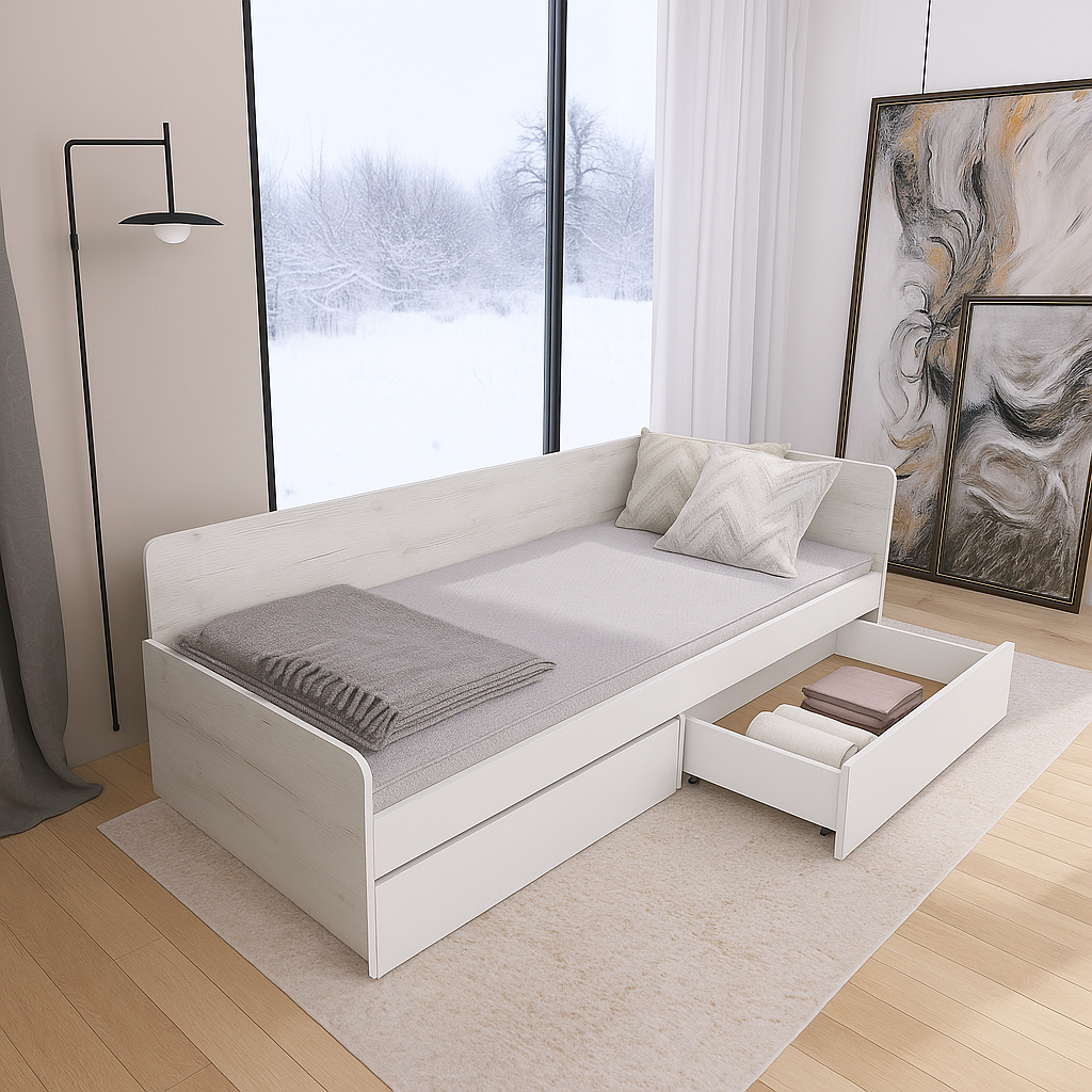 Кровать детская с ящиками Еверест 800 ЩИТ ДСП Крафт Белый/Белый (е-207477)