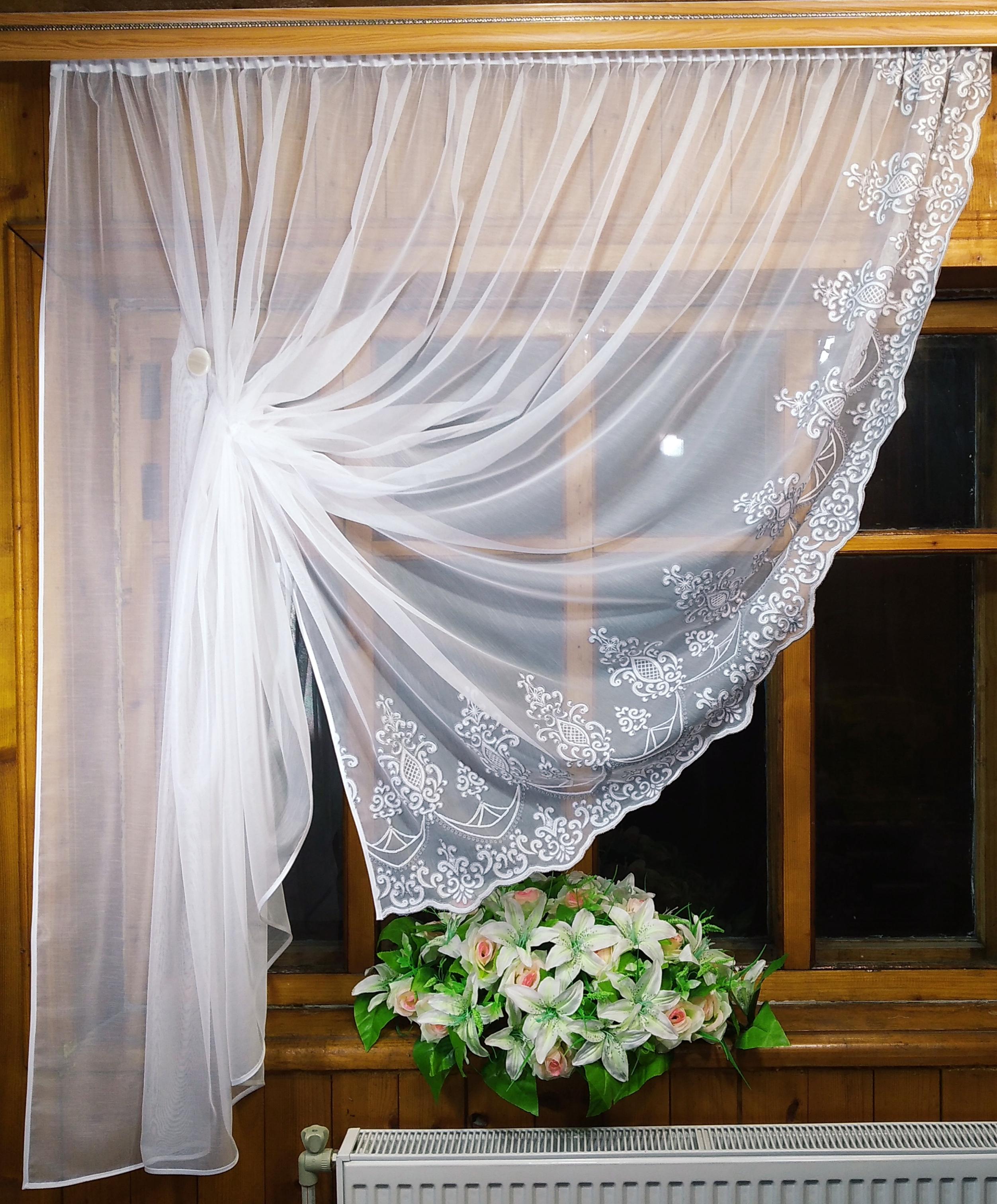 Занавеска кухонная короткая готовая Ажур вышивка левая Белый/Бамбук/Серый - фото 1 Занавеска кухонная короткая готовая Ажур вышивка левая Белый/Бамбук/Серый - фото 1