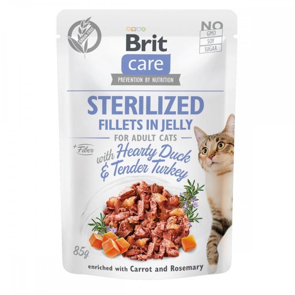Корм влажный Brit Fillets in Jelly Hearty Duck and Turkey Sterilized для стерилизованных кошек филе в желе с уткой 85 г (34806802)