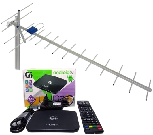 Комплект Смарт AndroidTV/Т2 тюнер GI UNI 2++ 2/16 TM/Антенна внешняя Дальнобой 75 км (1062)