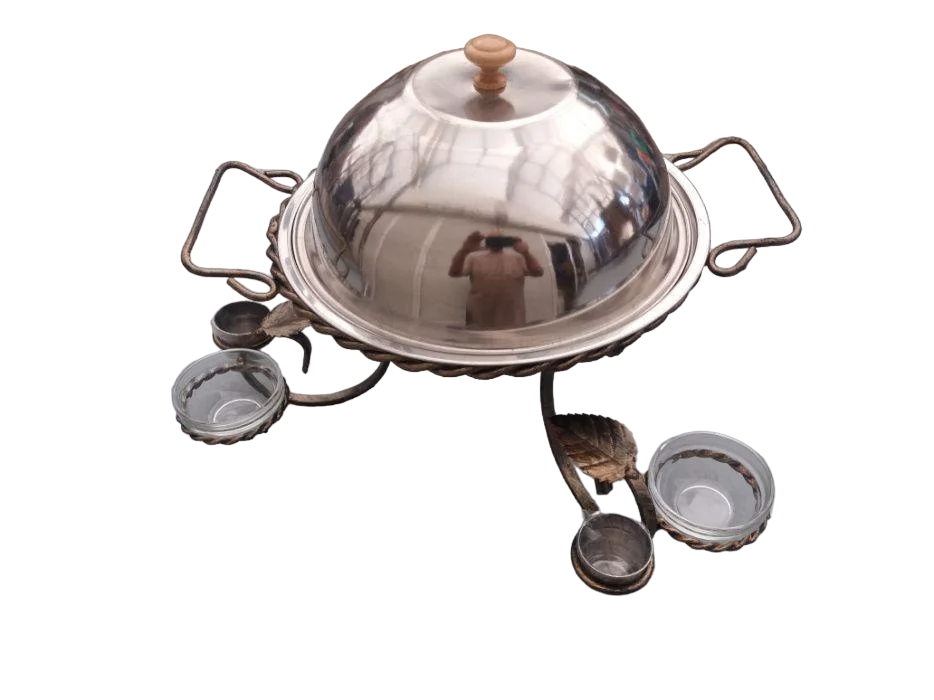 Садж подставка кованая нержавеющая сталь для разогрева мяса и овощей 3 рюмки 3 соусницы 28 см (230 Pri)