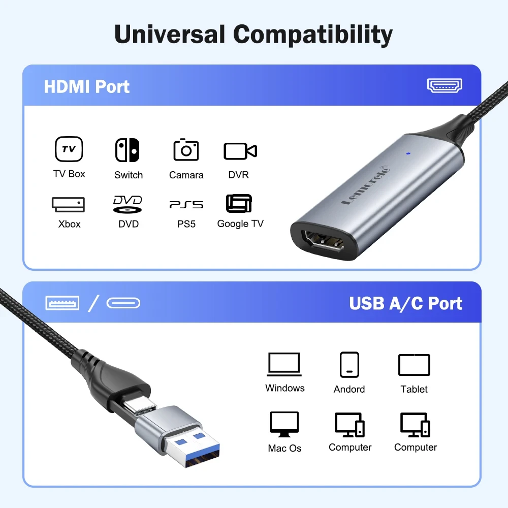 Внешняя карта видеозахвата Lemorele ms2130 - HDMI Full HD для USB Type-C для PC, MacBook, Switch, Xbox, PS4/5 - фото 6