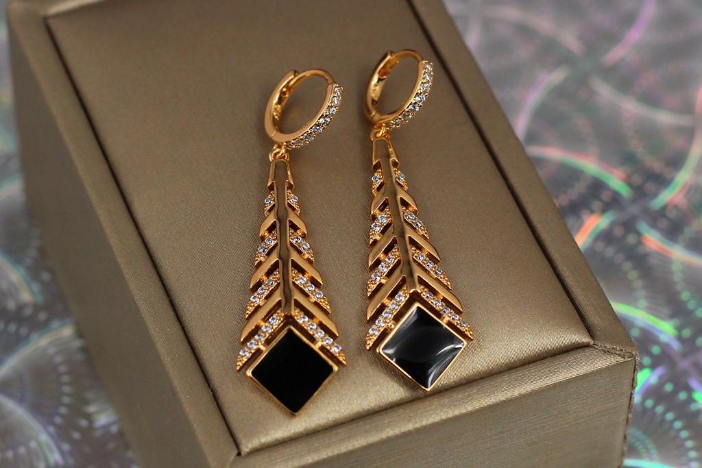 Серьги подвески Xuping Jewelry перо с черным квадратом 4,5 см Золотистый (2524400684)