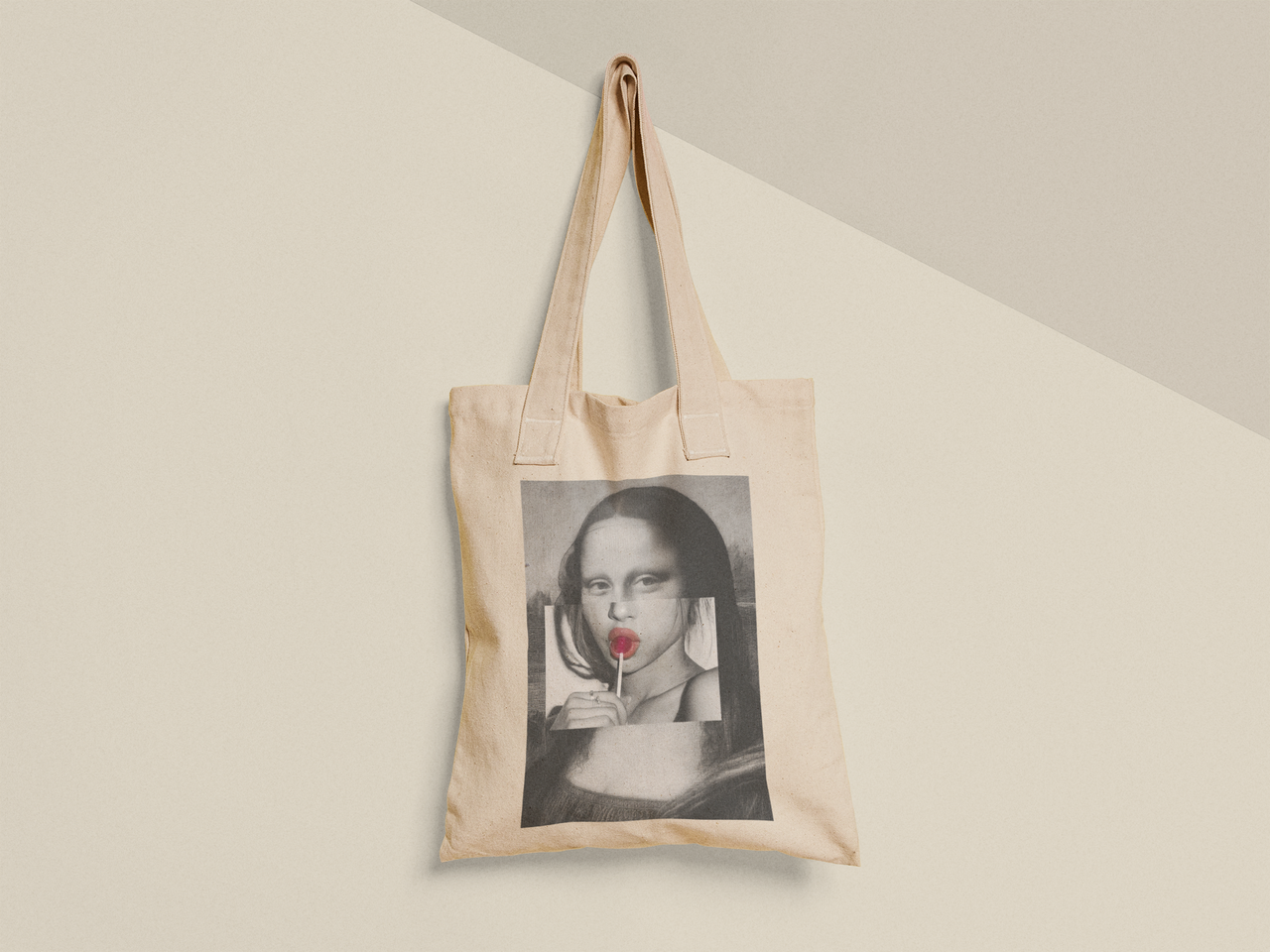 Эко-сумка шоппер с принтом Мона Лиза девушка с чупа чупсом 38х40 см Бежевый (ПН365-Т)