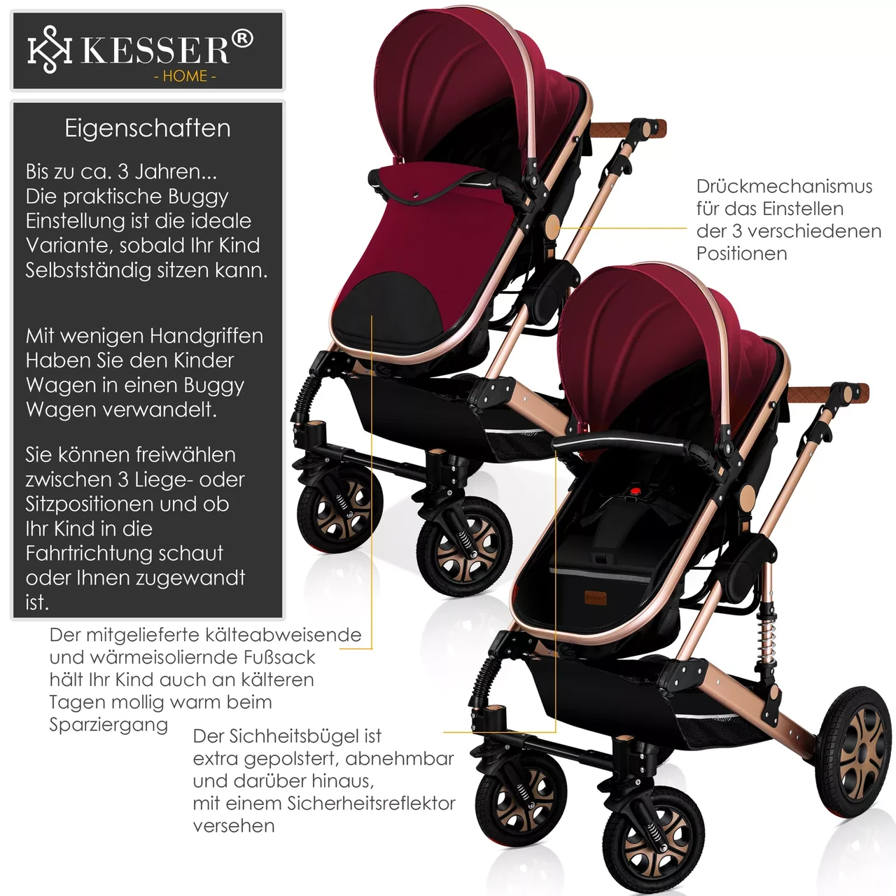 Коляска дитяча з автокріслом KESSER 3в1 94x64x119 см Червоний/Золотий - фото 4