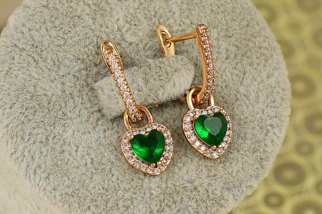 Серьги подвески Xuping Jewelry cъемное сердечко с зеленым камнем 2,5 см Золотистый (2362737515)