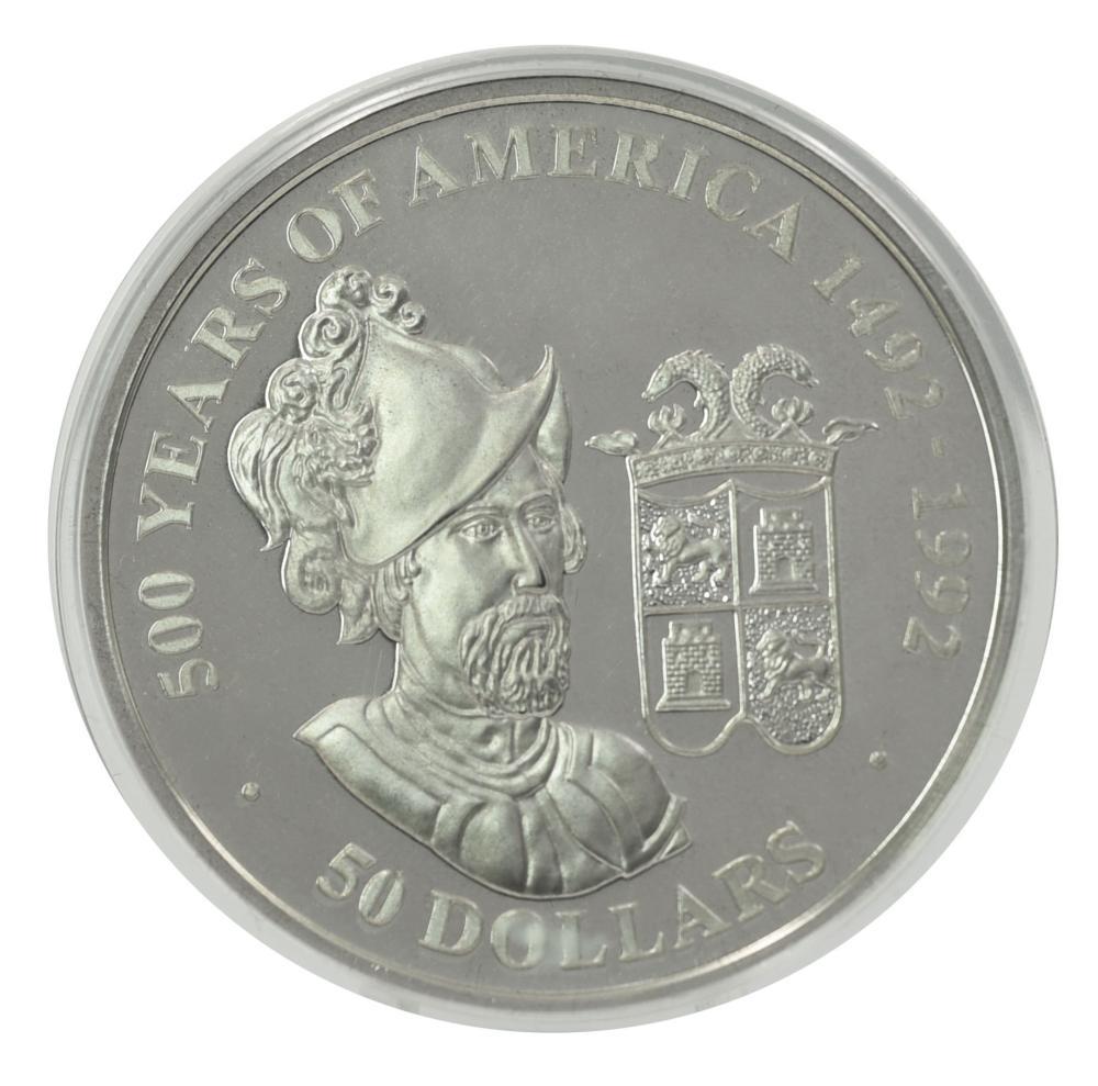 Коллекционная монета Острова Кука 50 долларов 1991 серебро Proof 500 лет Открытию Америки-Франсиско Писарро (М22607)