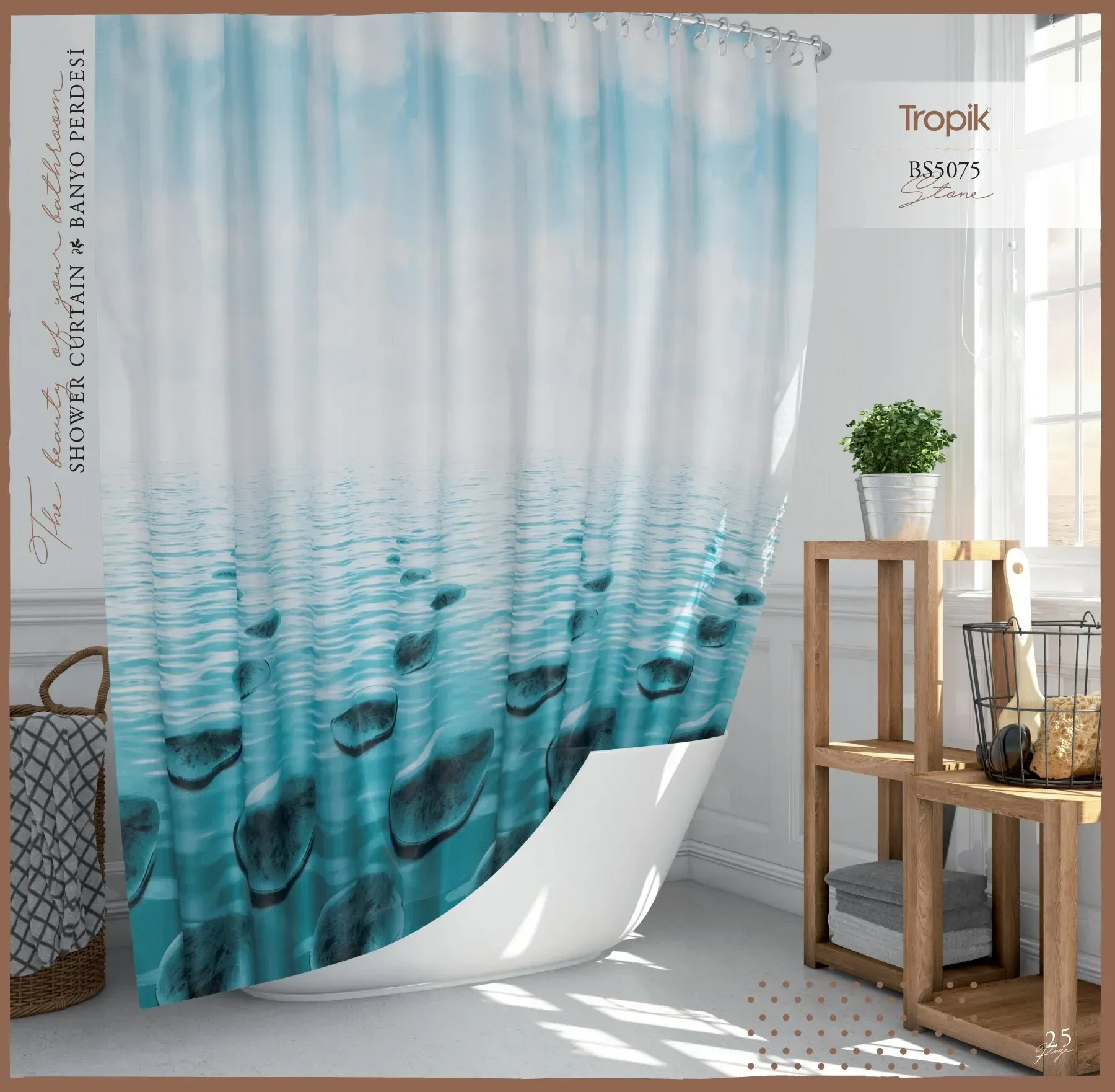 Шторка для ванной комнаты Tropic тканевая с декором Stone 240х200 см (25487131) - фото 2 Шторка для ванной комнаты Tropic тканевая с декором Stone 240х200 см (25487131) - фото 2