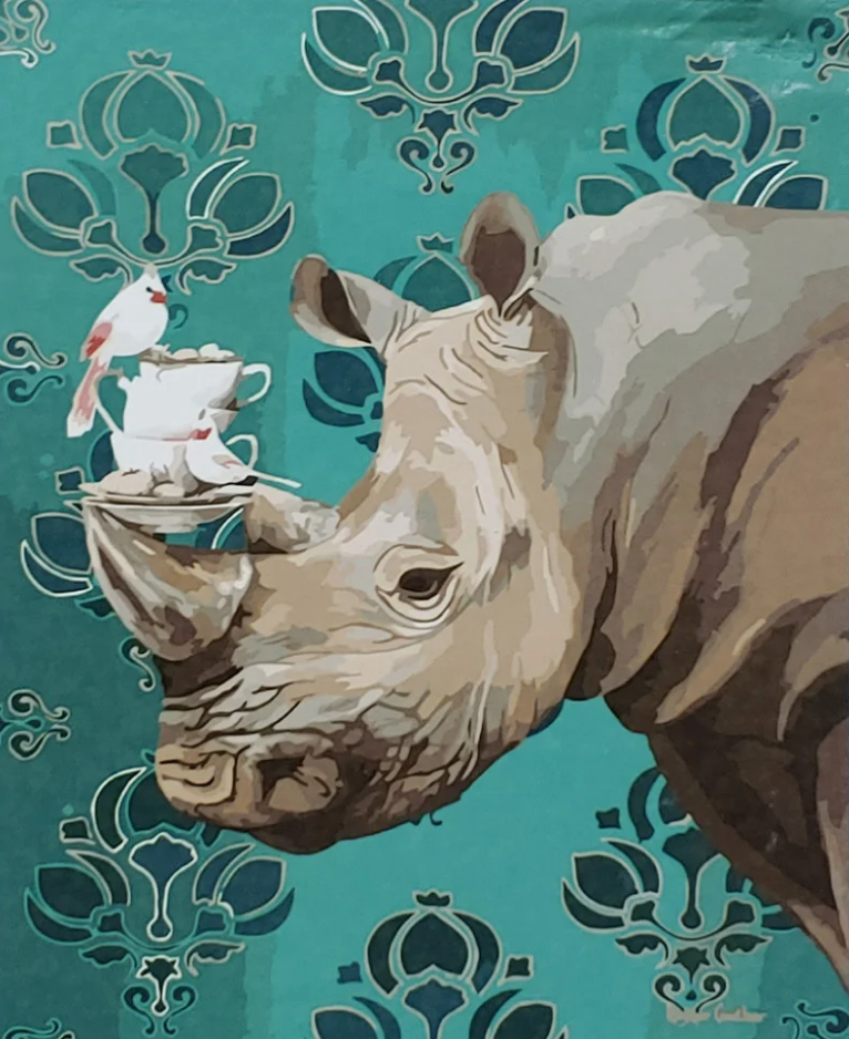 Картина по номерам Strateg Премиум Носорог с птичкой с лаком и уровнем 40x50 см (SY6917)