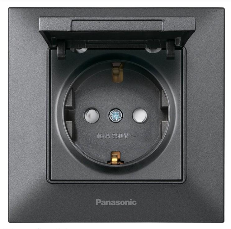 Розетка Panasonic Arkedia Slim WNTC02102DG-UA із заземленням із захисними шторками з кришкою Димчастий
