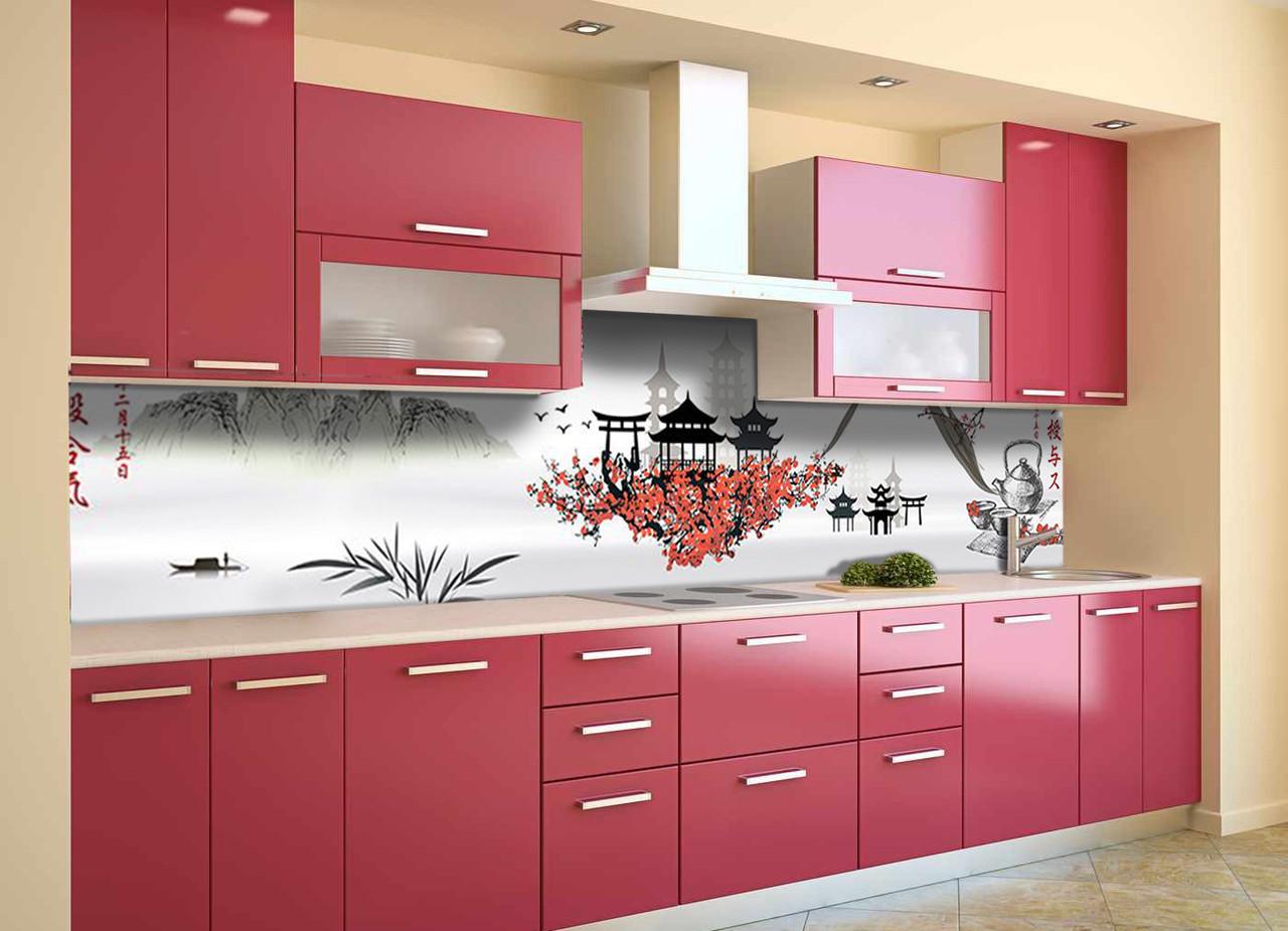 Кухонный фартук Восточный храм из самоклеющейся виниловой пленки 60х250 см Серый