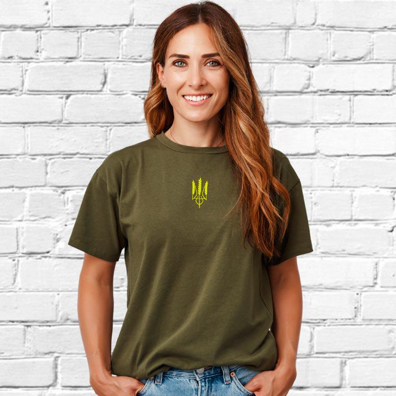 Футболка жіноча з вишивкою тризуба колос 02 L Millytary Green (594397-16-1)