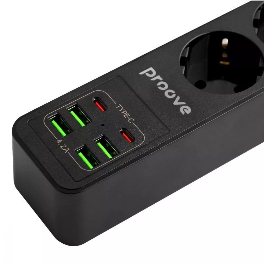 Мережевий фільтр зарядкою Proove Power 3 розетки 4 USB 2 Type-C 2 м Black - фото 7 Мережевий фільтр зарядкою Proove Power 3 розетки 4 USB 2 Type-C 2 м Black - фото 7
