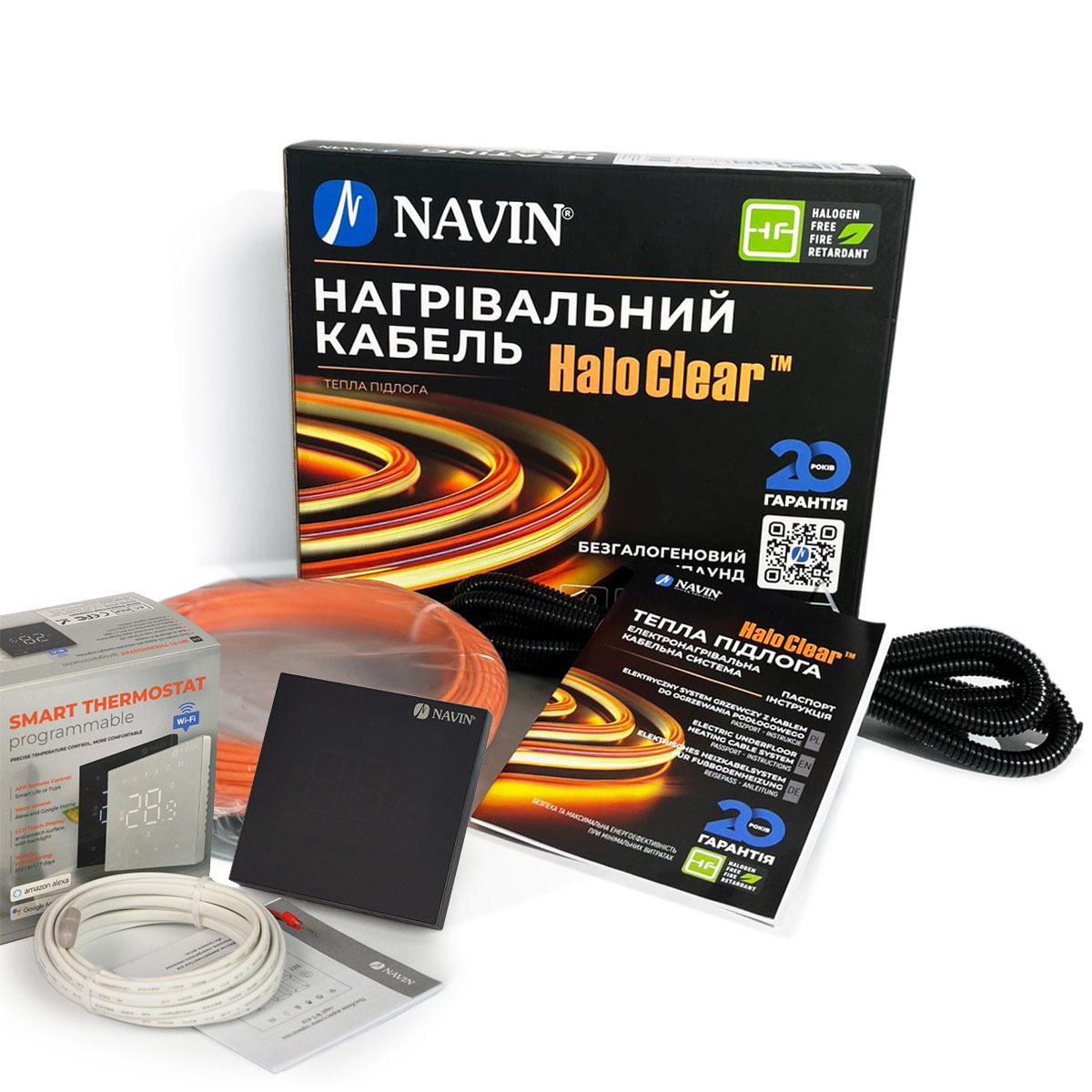 Комплект теплої підлоги NAVIN HaloClear Comfort 100 Вт/0,5-0,7м2 5,5 м нагрівальний кабель та терморегулятор WT410 W-16A з Wi-Fi Чорний матовий