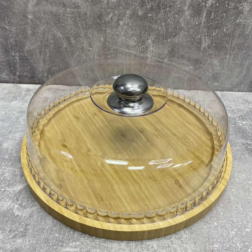 Блюдо для торта бамбуковое Interos PJ02717 с пластиковой крышкой