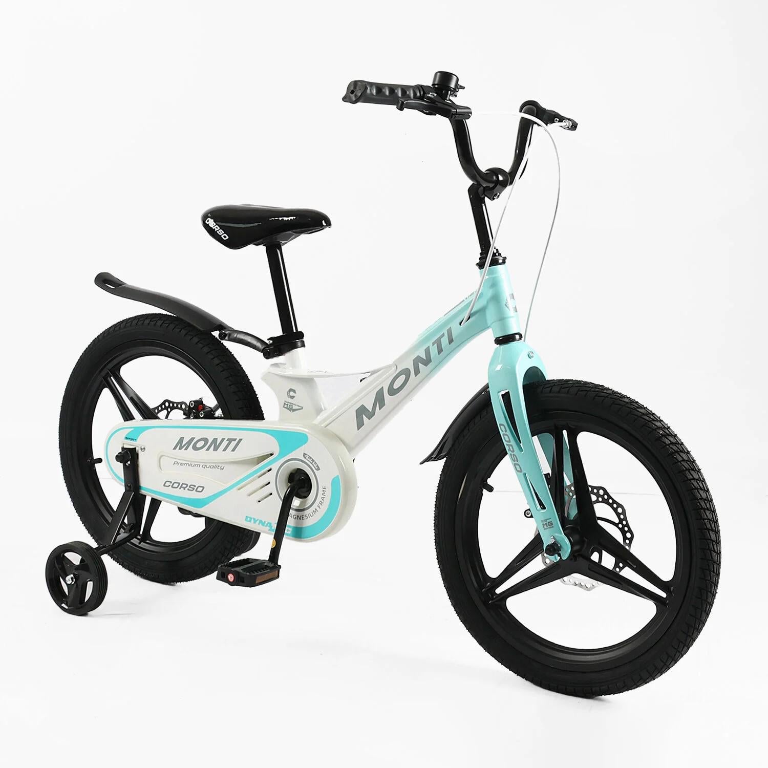 Детский велосипед Corso Magnesium Monti двухколесный 18" с дополнительными колесами Бело-голубой (MT-18478)