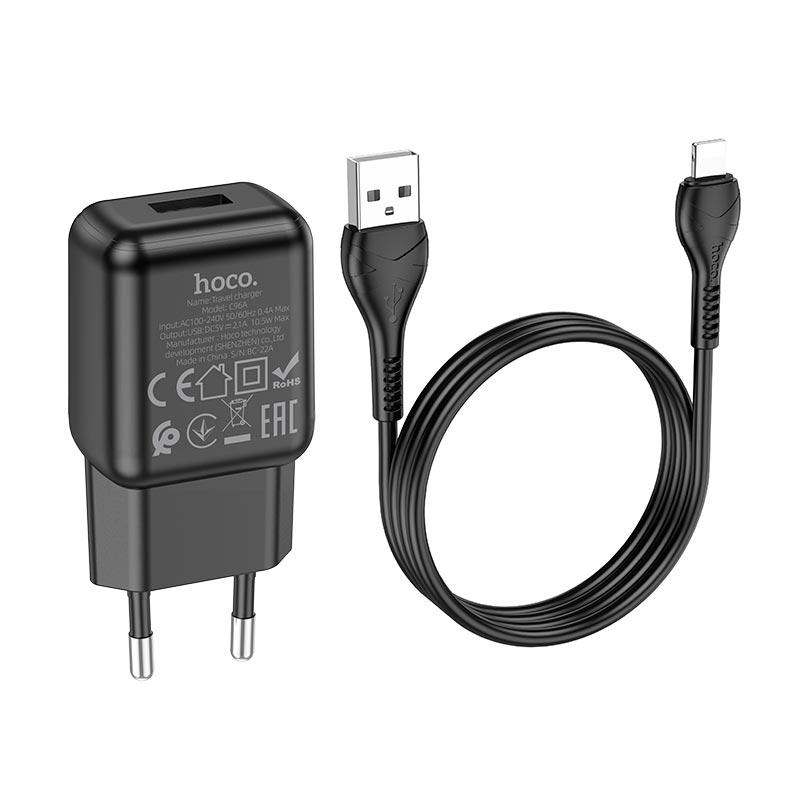 Зарядное устройство сетевое Hoco Lightning Cable Single Port Charger set C96A Black (10307379) Зарядное устройство сетевое Hoco Lightning Cable Single Port Charger set C96A Black (10307379)