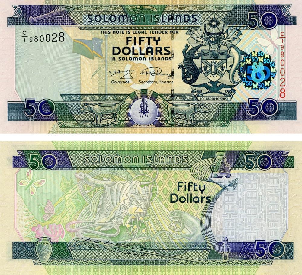 Коллекционная банкнота Соломоновы острова 50 долларов 2004 UNC Рептилии/Ящерицы P29 (Б13378)
