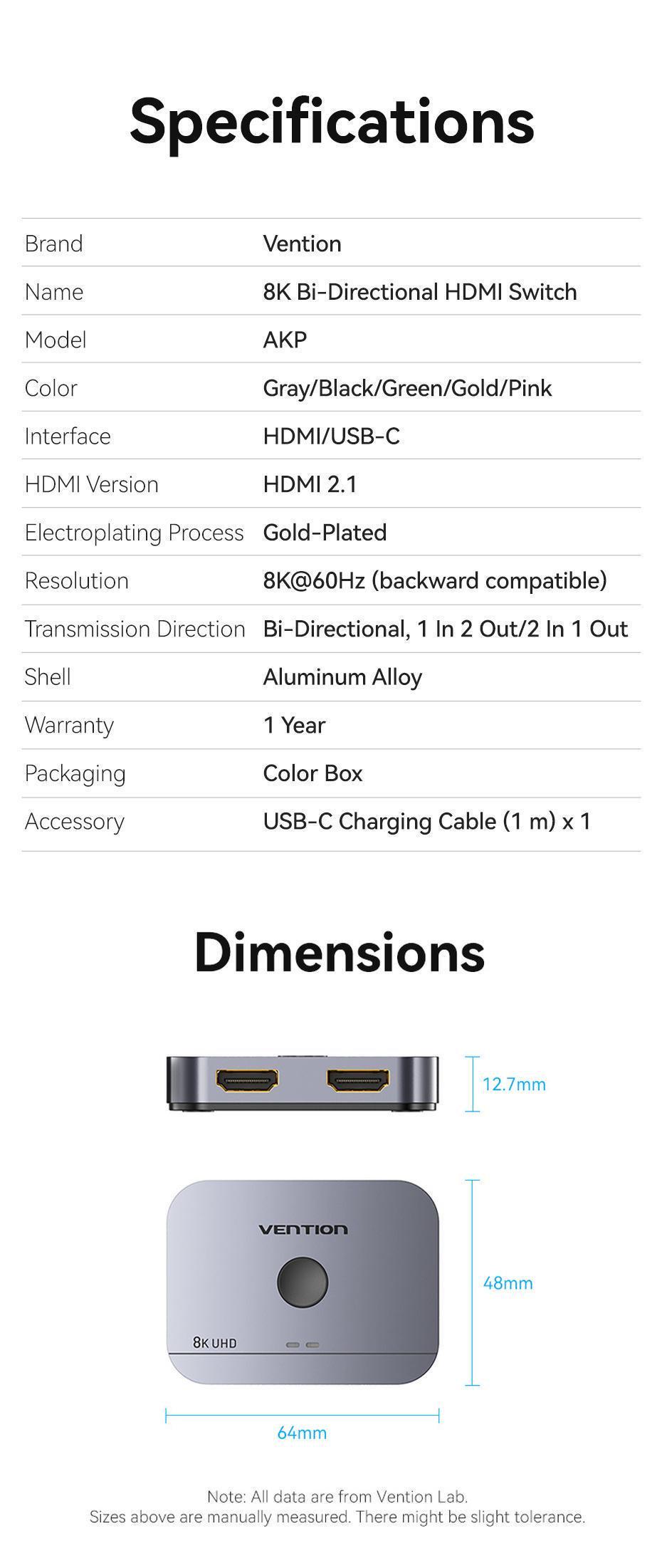 Перемикач Vention HDMI 8K 60Hz 4K 120Hz HDMI 2.1 двонаправлений HDR алюмінієвий Чорний (AKPB0) - фото 10 Перемикач Vention HDMI 8K 60Hz 4K 120Hz HDMI 2.1 двонаправлений HDR алюмінієвий Чорний (AKPB0) - фото 10