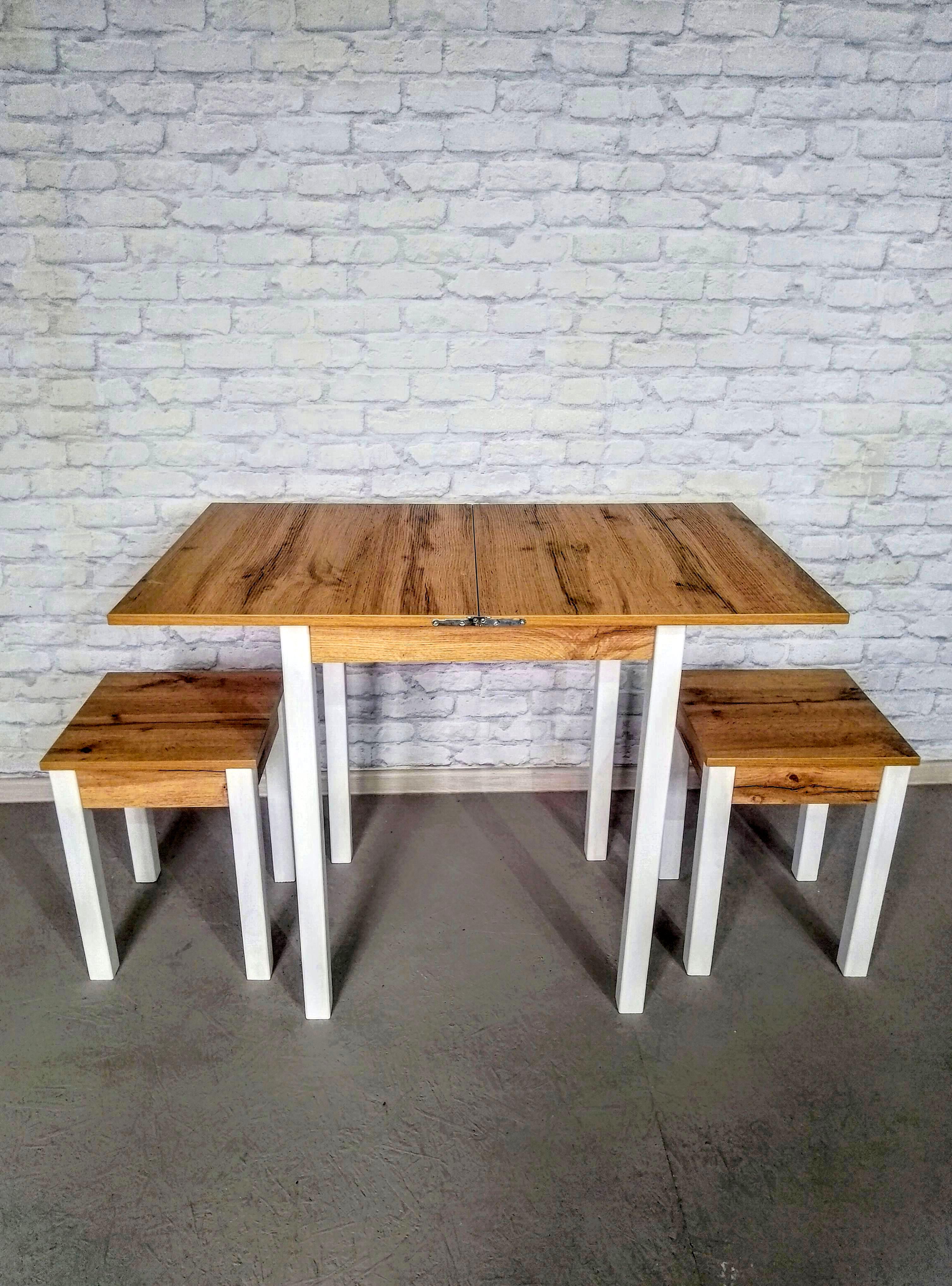 Обідній стіл та 2 табурети Смарт розкладний/ніжки дерев'яні 60х50х75 см/100х60х75 см Дуб аппалачі/Білий (0029)