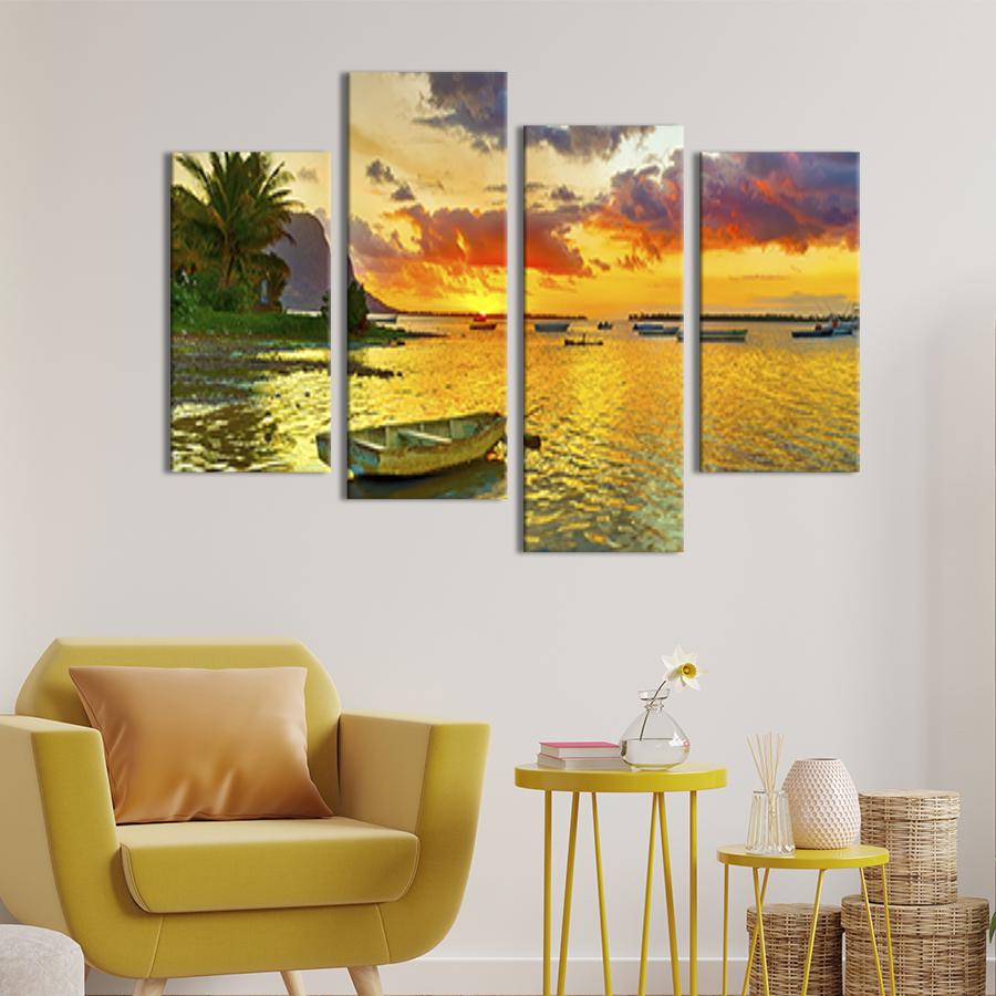 Картина модульна з 4 частин Західний захід над рибальською гаванню M 89х56 см (441-42)