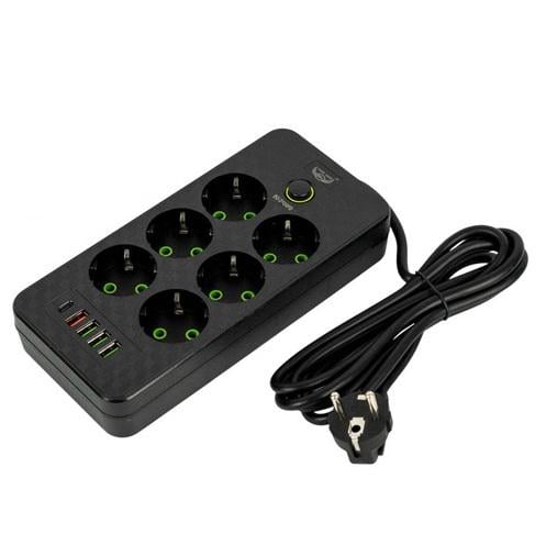 Фильтр удлинитель сетевой EU-2506PD 6 розеток и 5 USB QC PD 10А 2,5кВт 2 м Black (976211)