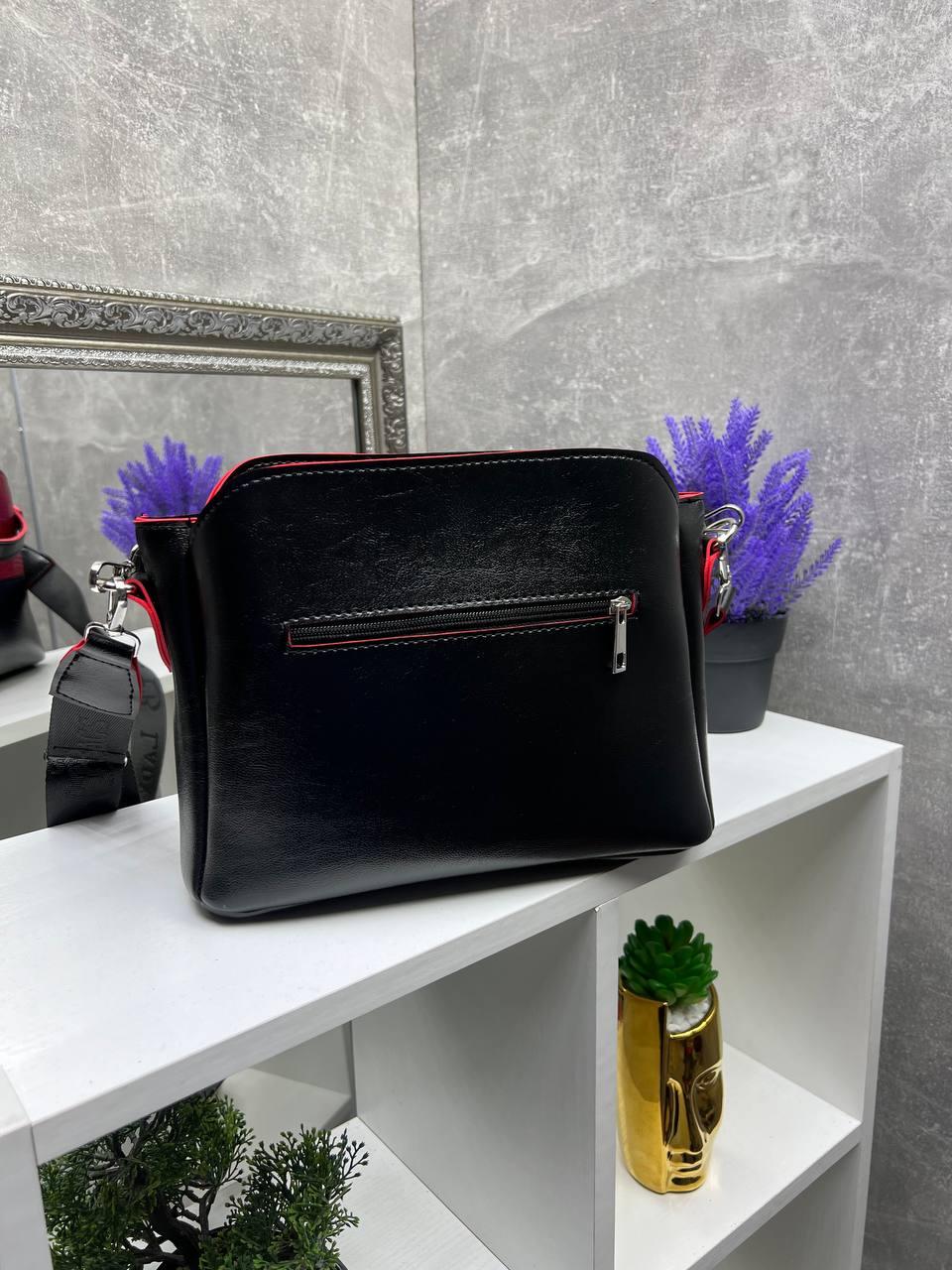 Сумка жіноча замшева через плече крос боді з широким ременем Чорний із червоним - фото 7