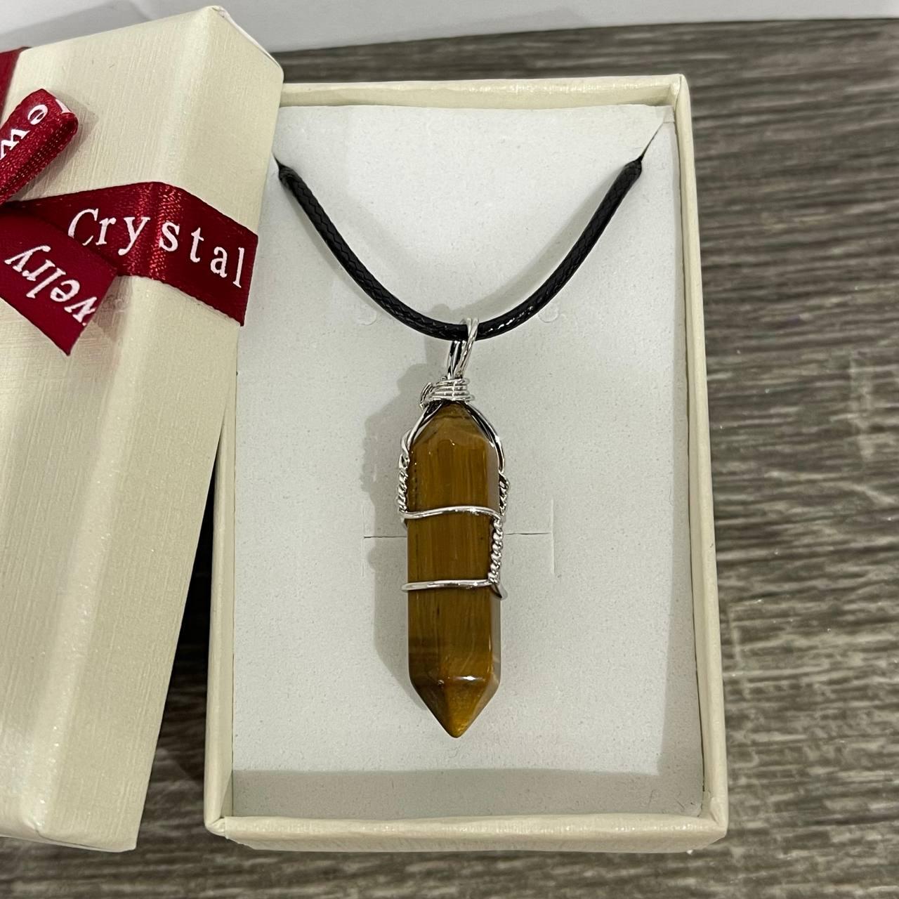 Кулон з натуральним каменем тигрове око коричневий шестигранник 4 см в дротяному обплетенні на шнурку (2004945293)