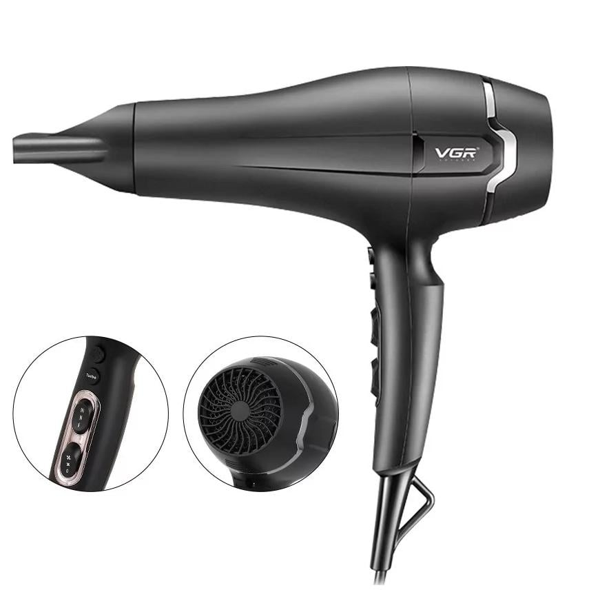 Фен з турборежимом VGR V-450 з насадкою концентратора Чорний (GR-04573) - фото 2 Фен з турборежимом VGR V-450 з насадкою концентратора Чорний (GR-04573) - фото 2