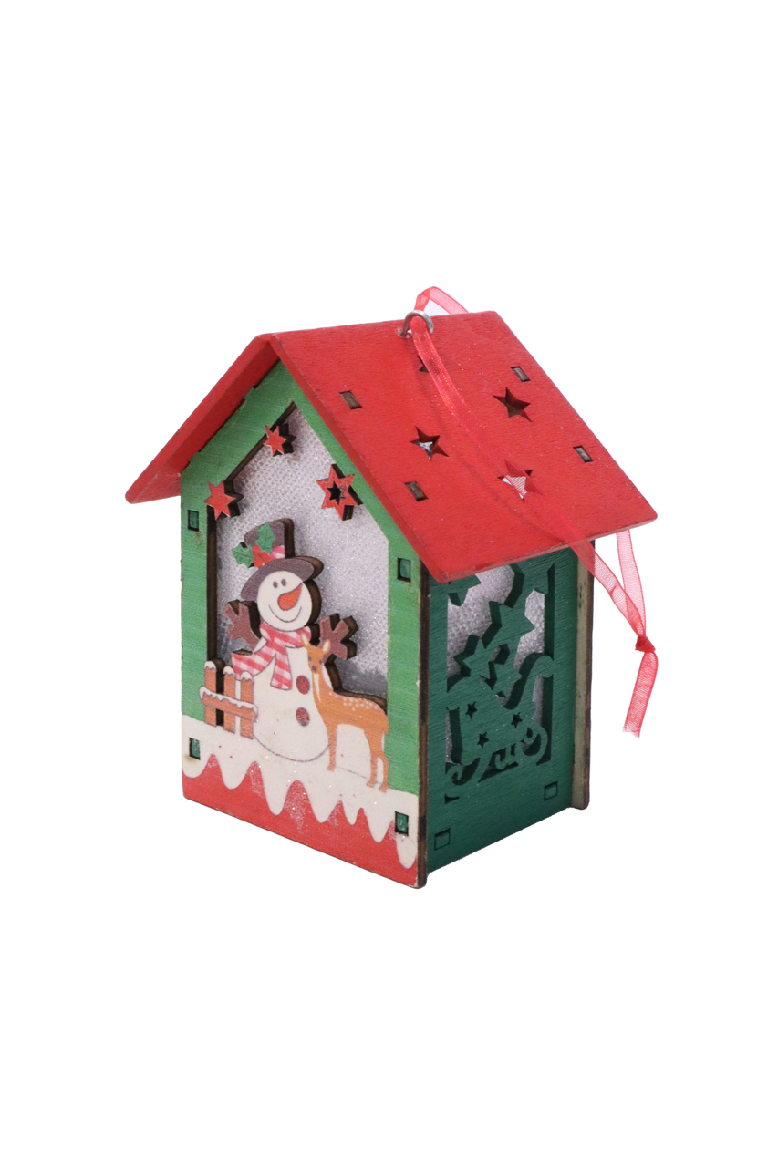 Игрушка новогодняя на елку Домик со снеговиком фонарик из дерева 5х5х8 см (1531999780)