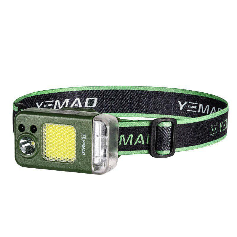 Фонарь налобный многофункциональный YM-T618-LED+COB Li-Ion/USB-C/Motion sensor/магнит/клипса/зажигалка Green