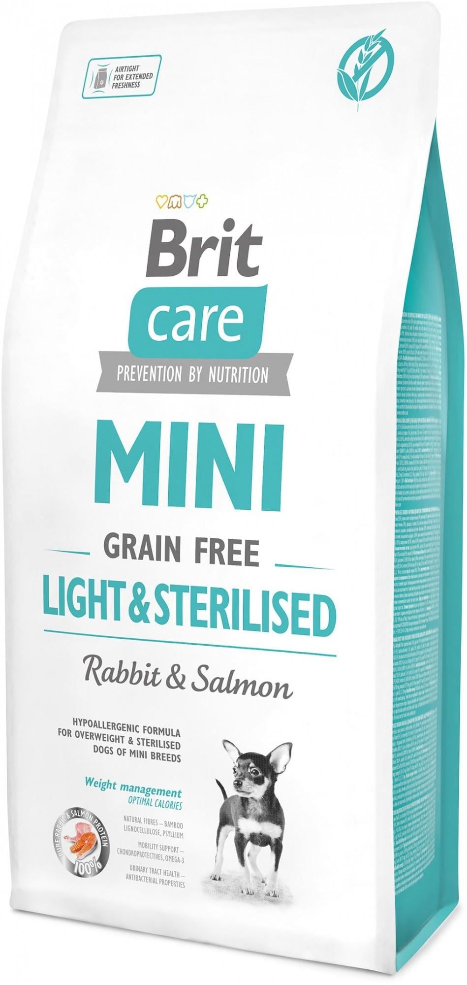 Сухой корм для стерилизованных собак миниатюрных пород Brit Care Grain free Mini Light & Sterilised Rabbit & Salmon 7 кг (8595602521081)