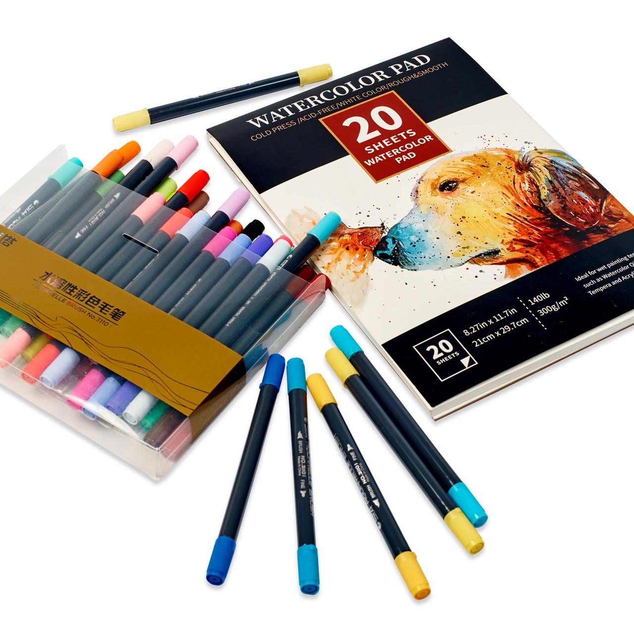 Маркери двосторонні акварельні для малювання 48 шт. із акварельним папером для скетчинга 20 аркушів (1801953723)