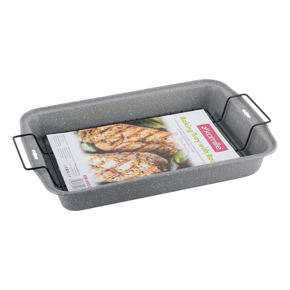 Форма для запеканий Kamille КМ-6001M из углеродистой стали с решеткой для гриля 37,5х26х5,5 см Графитовый (150-84-6001М)