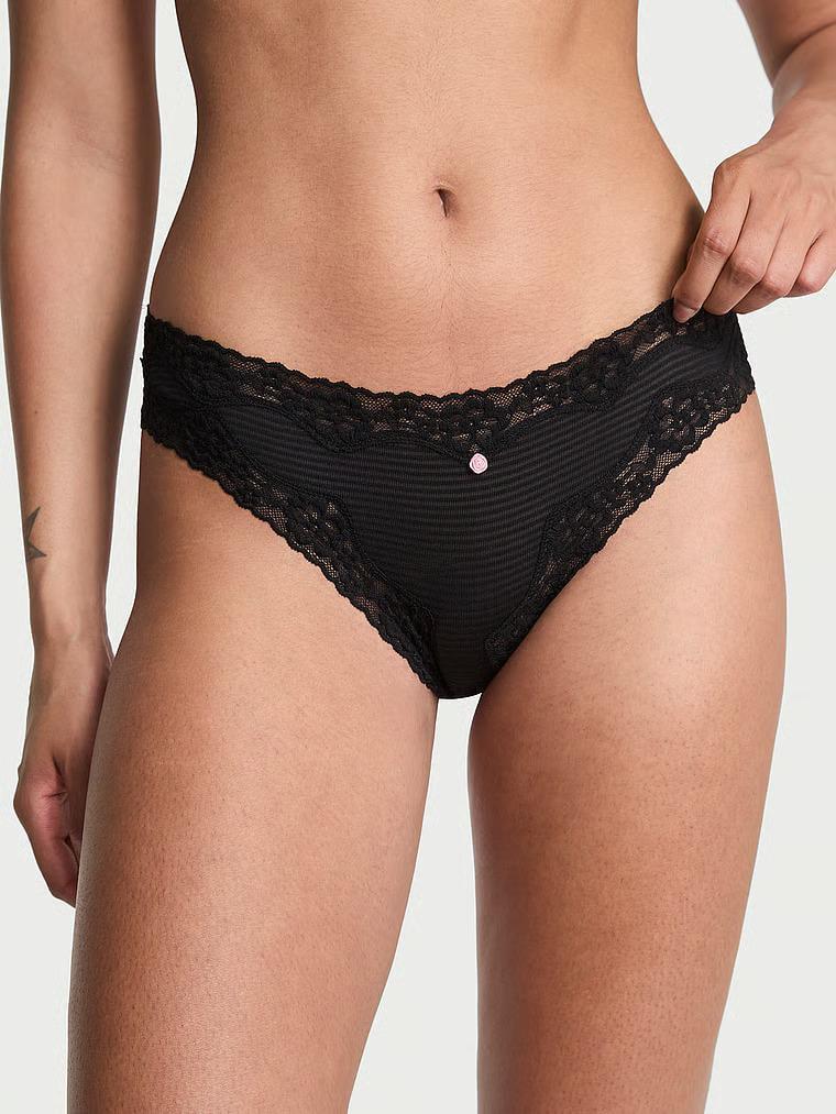 Трусики бикини Victoria's Secret Cotton Shadow Stripe Lace-Waist Bikini Panty S Черный (27115643)