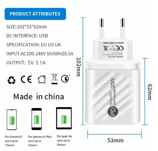 Зарядний пристрій 20W на 2 порти 1-USB, 1-PD з екраном White - фото 3