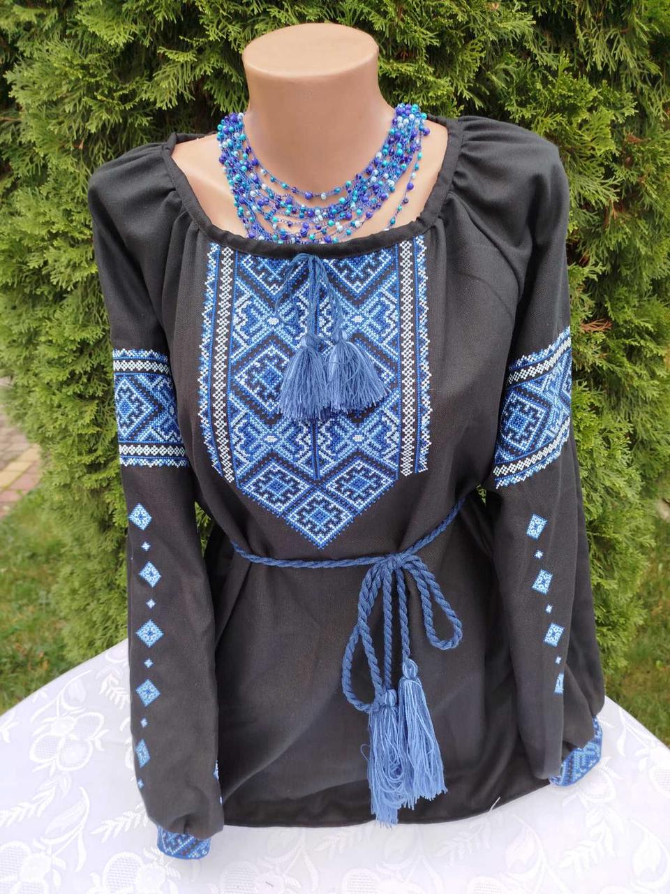 Вишиванка для жінки з орнаментом на чорному полотні "Орнамент синій" 62