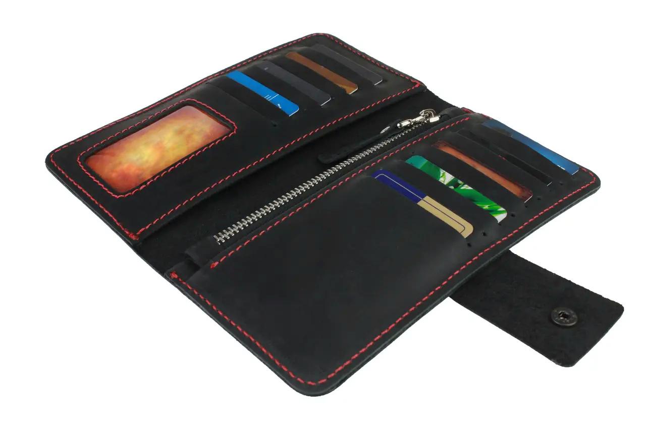 Гаманець FREESKIN шкіряний прошитий червоною ниткою 19х9,5х1 см Чорний - фото 3