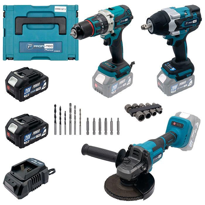 Набір інструментів PROFI-TEC Combo Set 3/4 POWERLine DTW800BL/DHP485BL/PGA202BL 20 В 2xPT2040MP 4.0 Aг ЗП BC20V кейс/сверла по дереву/металу та біти/головки 13/17/19/21 мм (006301)